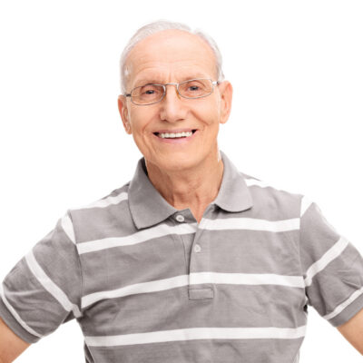 Cheerful senior gentleman in a casual gray polo shirt, smiling and looking at the camera isolated on white background